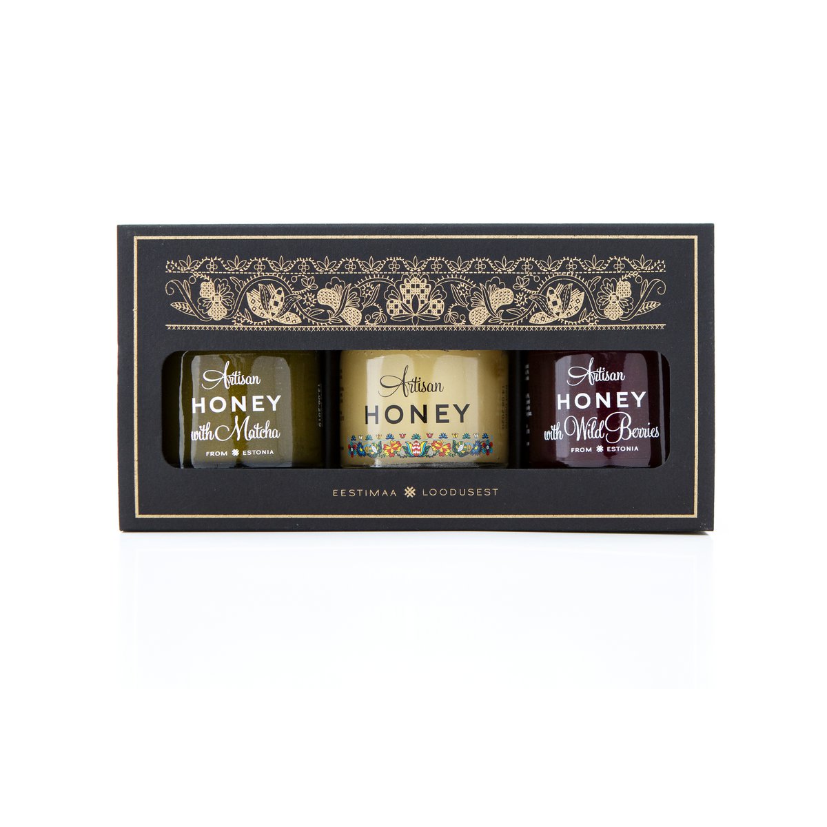 3x50 g package: blossom honey, honey with matcha, honey with wild berries