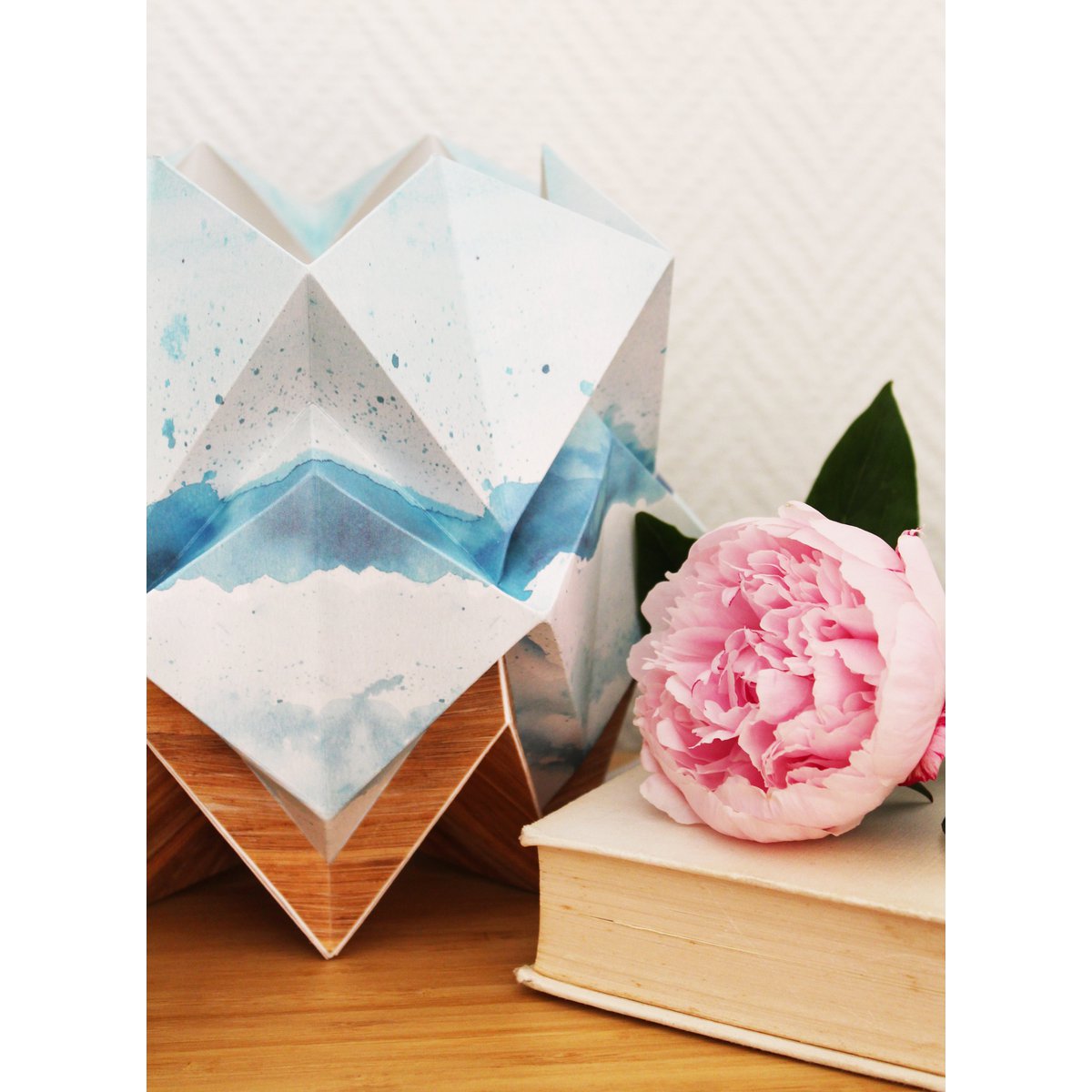 Origami Table Lamp in EcoWood and Paper - Summer Pattern - size S