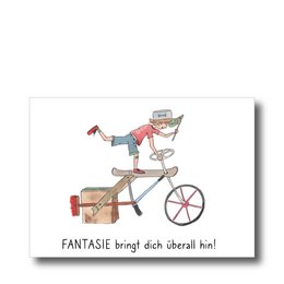 Postcard featuring an illustration of a robot riding a bicycle with the text "FANTASIE brings you overall fun!"

The image depicts a whimsical illustration of a robot riding a bicycle. The robot appears to be made of metal parts and is wearing a red scarf. The bicycle has a unique, stylized design with a basket attached. The text "FANTASIE brings you overall fun!" is displayed below the illustration, suggesting a playful and imaginative theme.