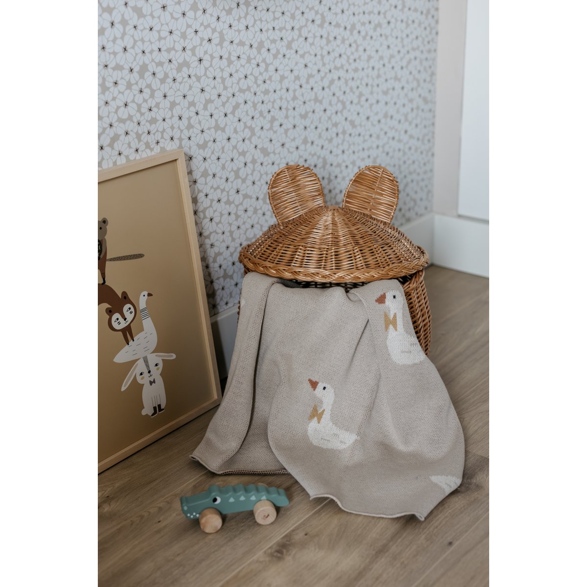 Gebreide katoenen babydeken, beige ganzen