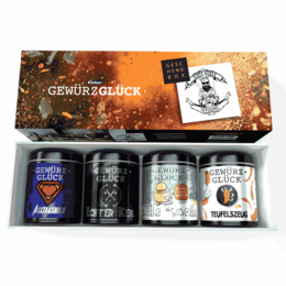 Gewürz-Glück Real Guys Gift Box - Set of 4 Spice Jars with Real Guy Steak Spice, Everyday Hero All-Round Spice, Great Tuber Potato Spice & Devil's Stuff Chili Spice