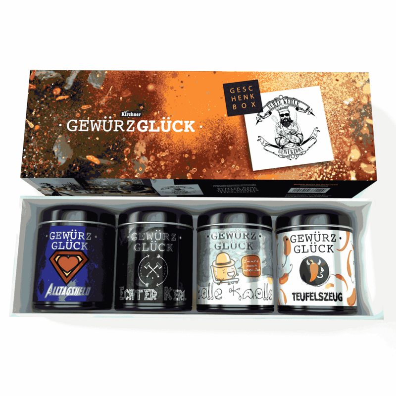Gewürz-Glück Real Guys Gift Box - Set of 4 Spice Jars with Real Guy Steak Spice, Everyday Hero All-Round Spice, Great Tuber Potato Spice & Devil's Stuff Chili Spice