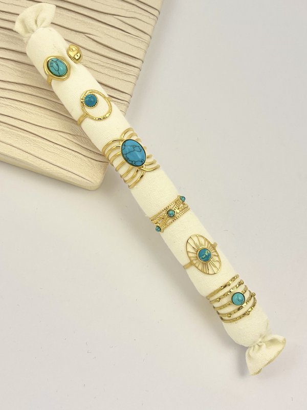 Conjunto de 6 anillos de piedra turquesa dorado en acero inoxidable con cojín ofrecido