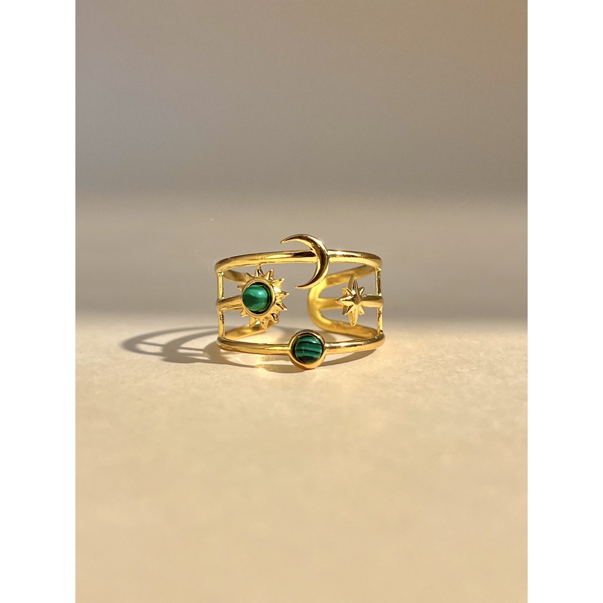 Moon, star and sun adjustable ring with stone