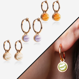 Rose gold clip hoop earrings with interchangeable stone color options. Available in 14mm and 18mm sizes. Crafted with a mix and match design for versatile styling.