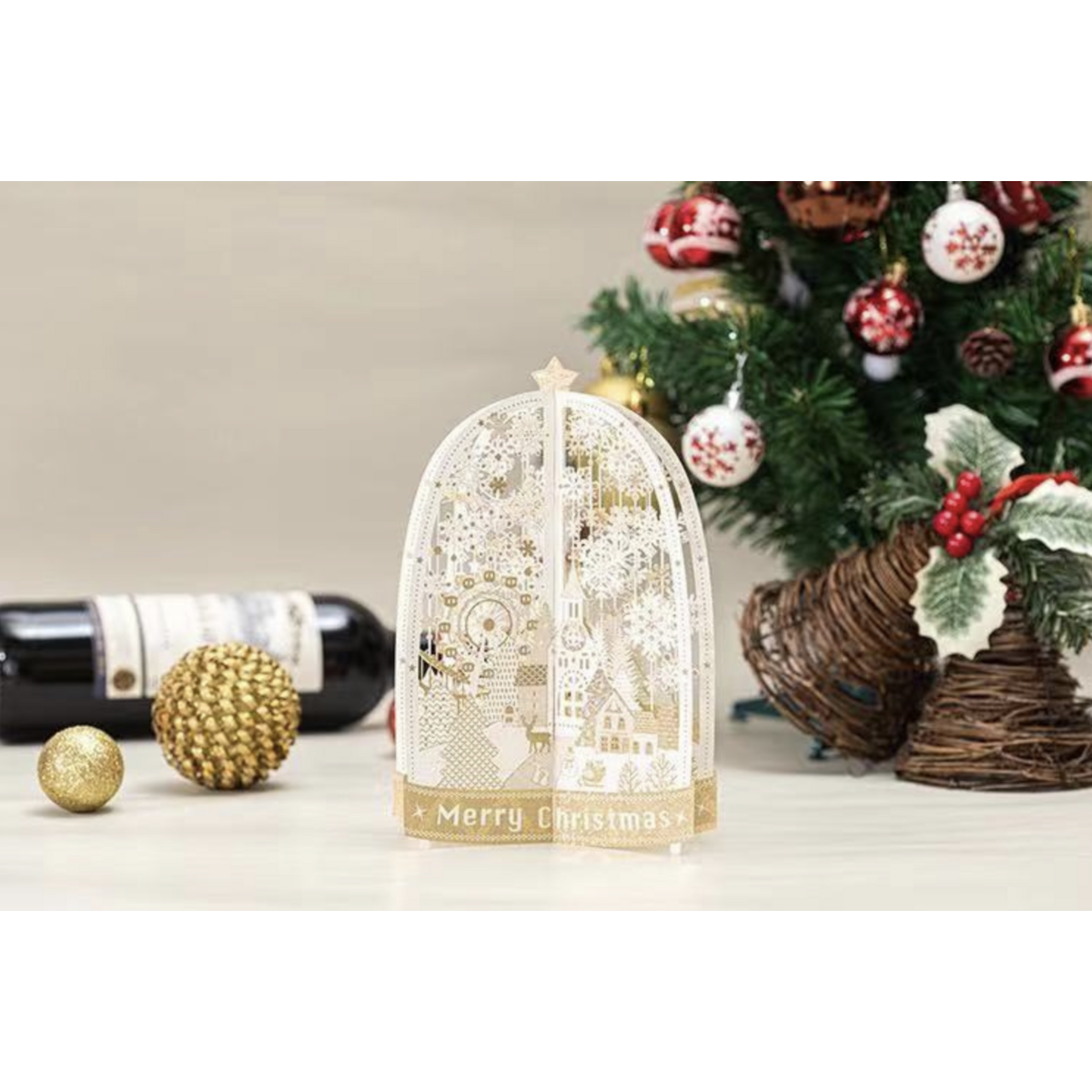 3D Pop up Christmas card Merry Christmas with snowflakes and golden poinsettias
