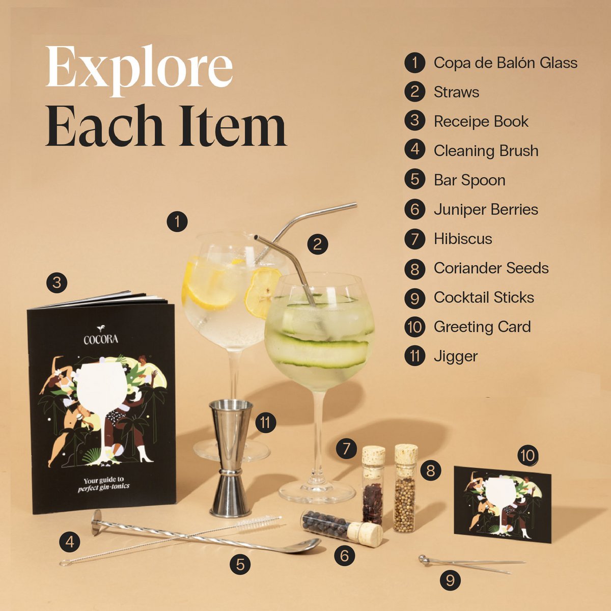 Cocora Gin Tonic Geschenkset – 12-teiliges Edelstahl-Cocktail-Set – Tritan®-Kristallglas – Cocktailbuch – Nachhaltig