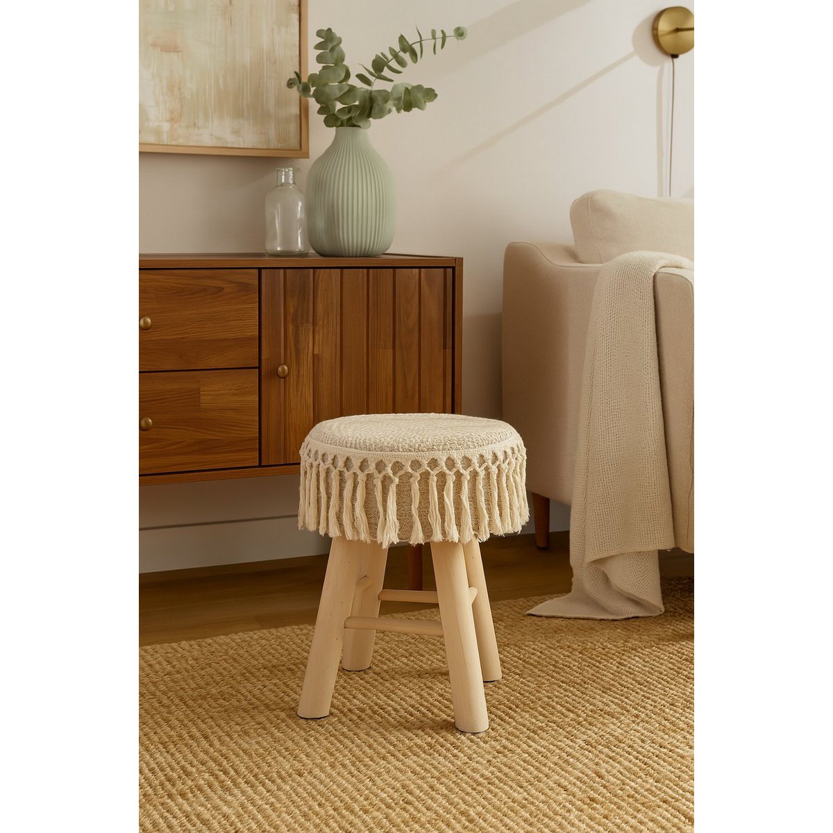 Taburete de madera hecho a mano con asiento macramé - Ø 28 x 40 cm - taburete boho / bohemio de asiento hecho de materiales naturales - taburete decorativo para sala de estar, salón o dormitorio - taburete lateral - marrón