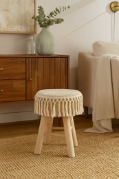 Handmade wooden stool with macramé seat - Ø 28 x 40 cm - boho / bohemian seat stool made of natural materials - decorative stool for living room, hall or bedroom - side stool - brown
