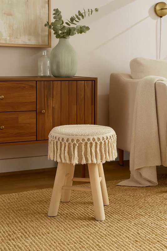 Handmade wooden stool with macramé seat - Ø 28 x 40 cm - boho / bohemian seat stool made of natural materials - decorative stool for living room, hall or bedroom - side stool - brown
