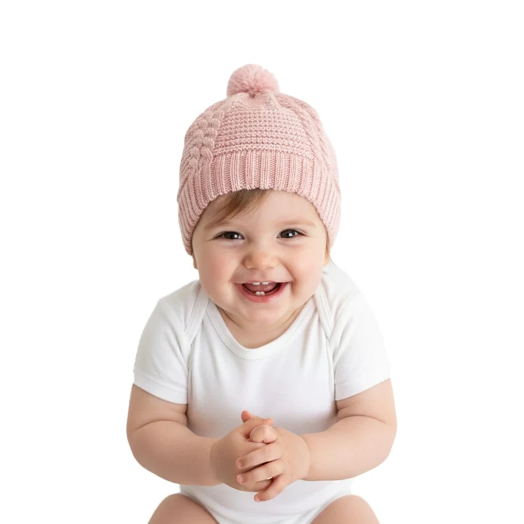 Gorro de Punto para Bebé con Pompón, Tono Rosa