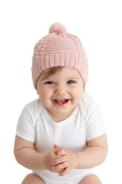 Baby strik hue med pompom, lyserød tone