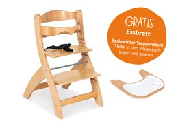 Clear lacquered wooden step chair for babies, with a simple and sturdy design.