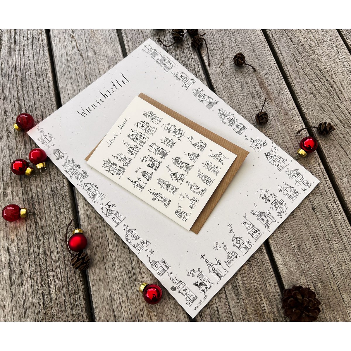 Verlanglijstpapier | Din A4 | 25 vellen, ongevoerd | "Verlanglijst & winterhuisjes" | Kerstpost