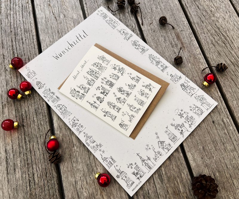 Verlanglijstpapier | Din A4 | 25 vellen, ongevoerd | "Verlanglijst & winterhuisjes" | Kerstpost