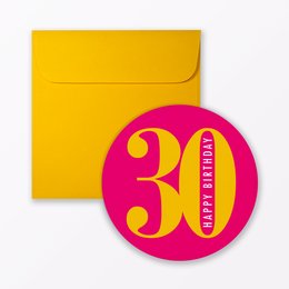 A round birthday card with the number "30" printed in large yellow text on a pink background, enclosed in a yellow envelope.