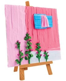 Pink 3D clay painting art kit with window design, green plants, blue accents, DIY craft activity.