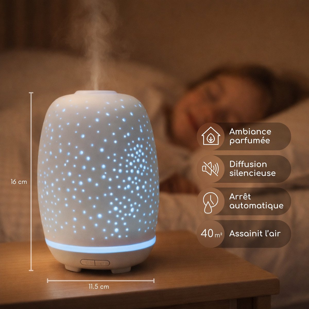 Ultralydsdiffuser – Stella – Rent og keramisk design – Spredning af æteriske olier – Original dekorationsidé