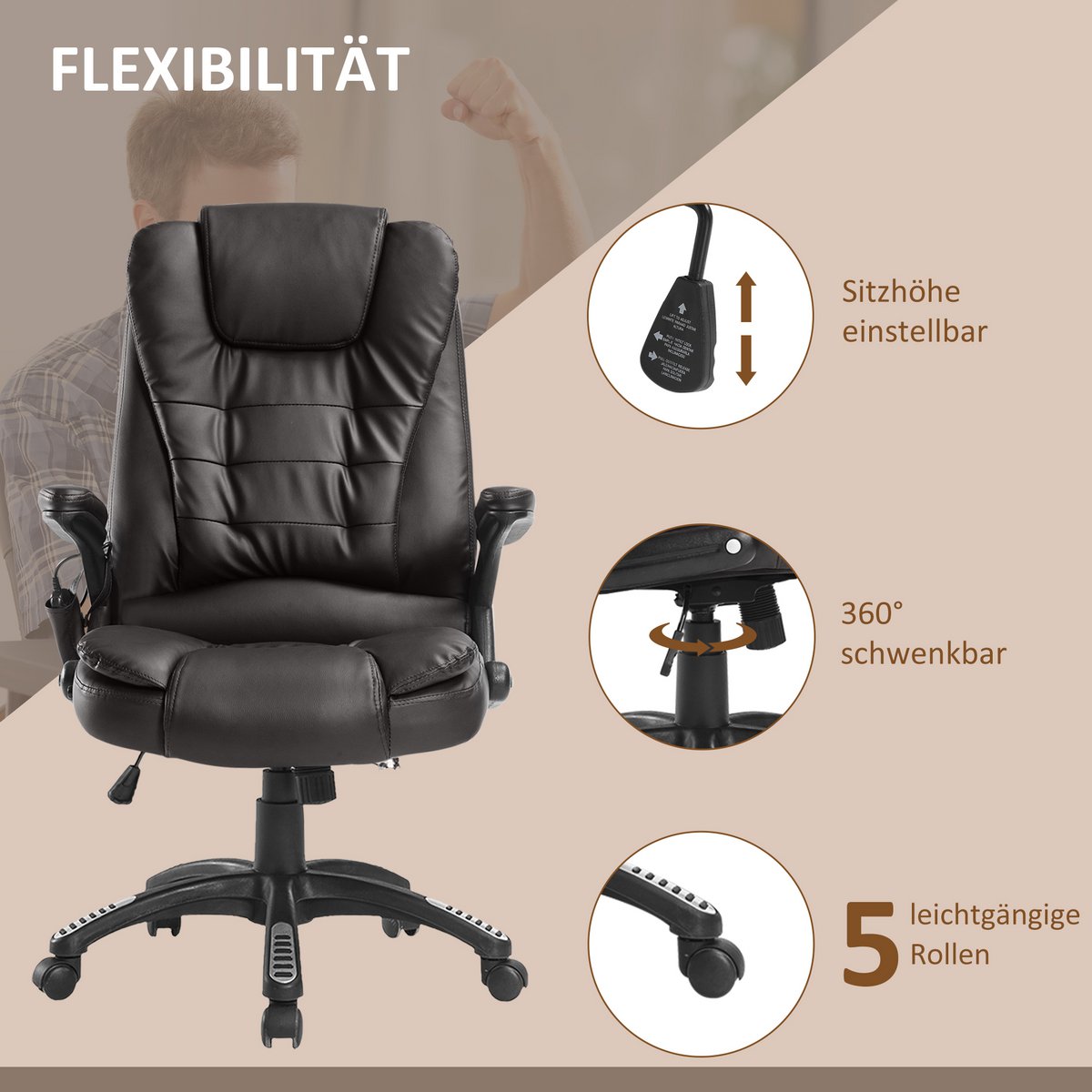 Silla de oficina con función de masaje, función de calor, altura regulable, función de inclinación, silla de oficina de masaje, blanco crema + negro