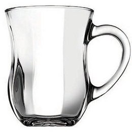 A clear glass mug with a handle, measuring approximately 350cc in volume and 115mm in height with an 88mm diameter.