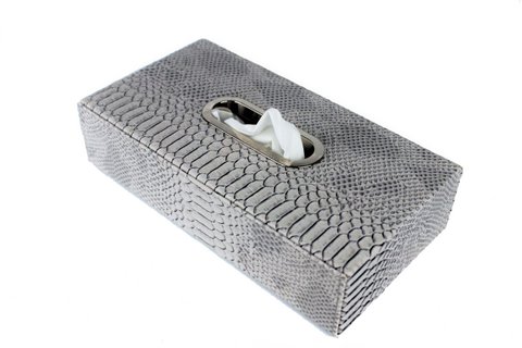 Taschentuchbox Kunstleder Reptil grau Edelstahlring Kosmetik
