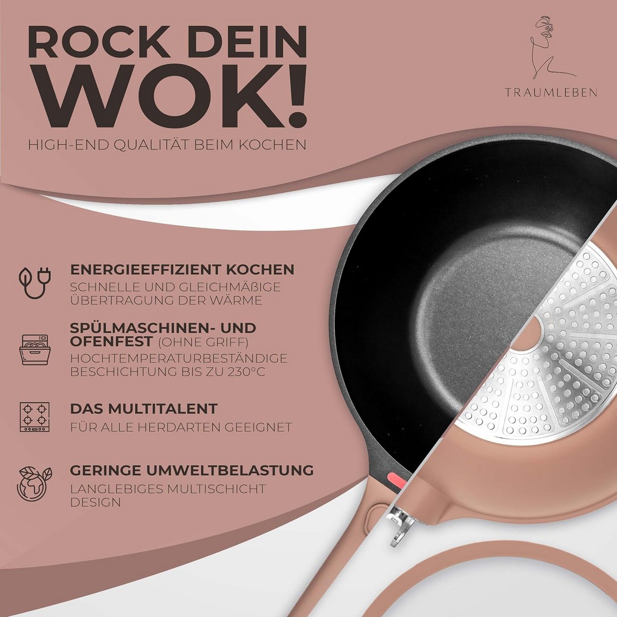 Wok PAN 28 cm, recubrimiento no de palo, manijas extraíbles, inducción, festival de horno (rosa)