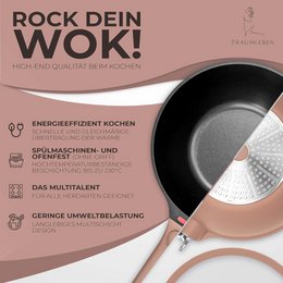 Wokpfanne 28 cm, Antihaftbeschichtung, abnehmbare Griffe, Induktion, backofenfest (rosa)