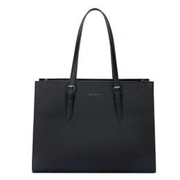 Black leather shoulder bag with two top handles and a zipper closure. Features a sleek, minimalist design suitable for everyday use.