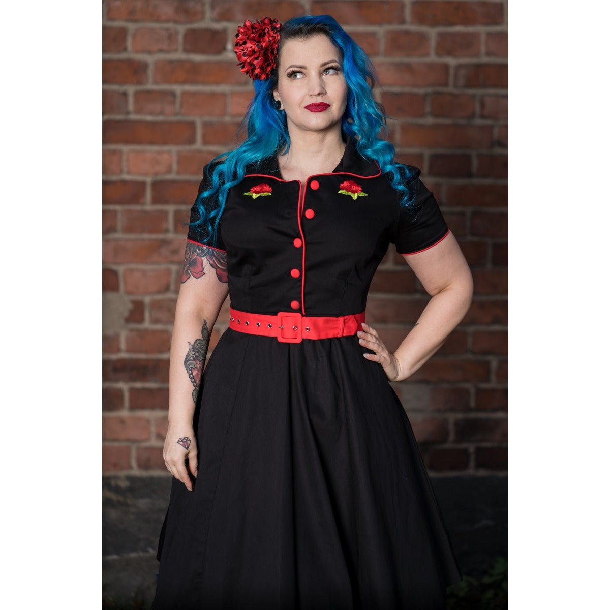 EU Stock Sherry Rockabilly Diner kjole i sort/rød