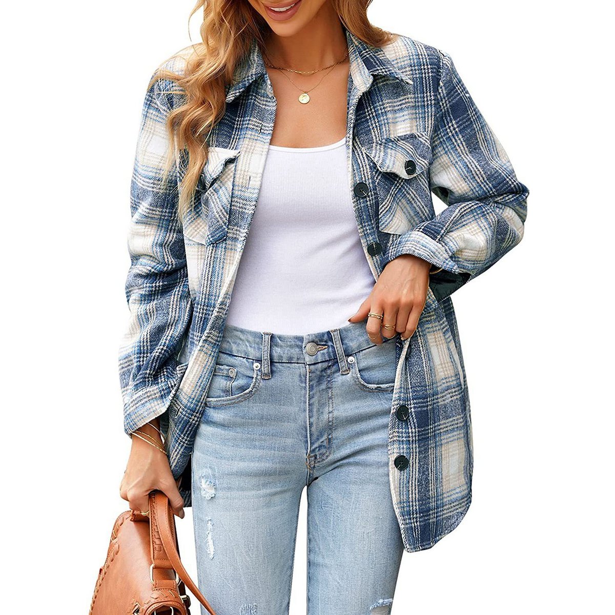 Women Oversized Check Button Shirt Jacket