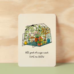 Colorful illustrated postcard with text "All good things come to you" depicting a greenhouse-like structure filled with flowers and plants.