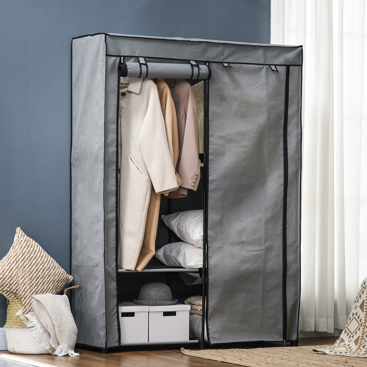 Fabric Closet Storage Solution 4 Shelves 2 Clothes Rails Gray