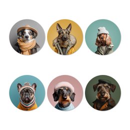  Set of 4 coasters featuring funny dog portraits in various styles and accessories. Includes dogs wearing hats, scarves, and other accessories. Coasters are made of durable material and feature vibrant, high-quality images.
