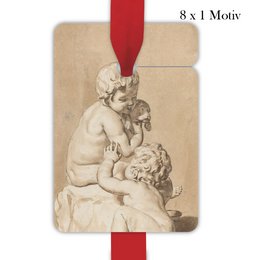 Gift tags featuring cute putti and a little dog, measuring 6.9 x 10cm in size.