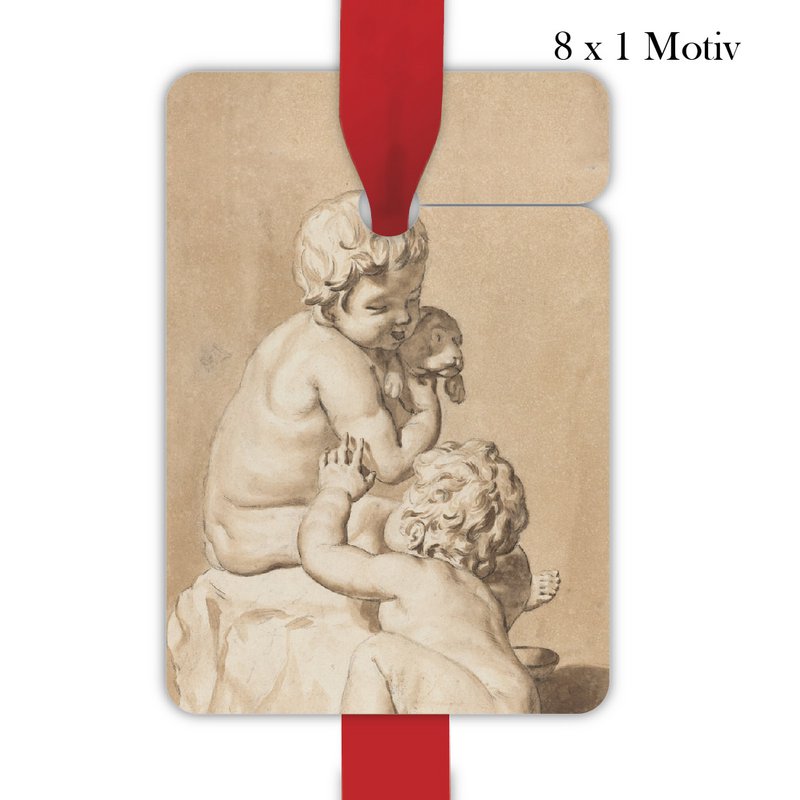 8 art gift tag tags, format 6.9 x 10cm with cute putti and little dog