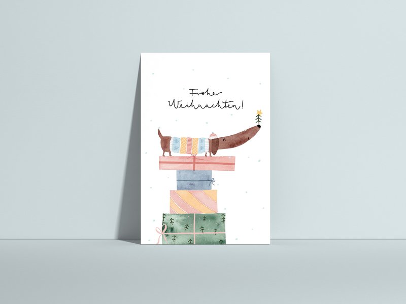 Christmas card Dachshund on gift, postcard