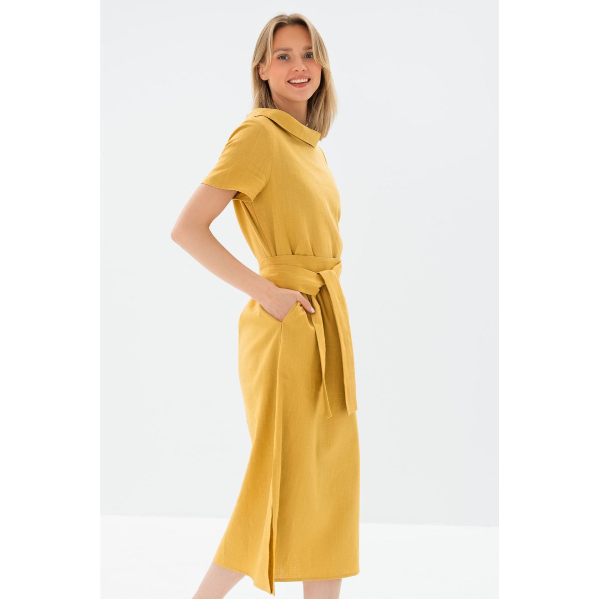 LONG STORY — Vestido midi de lino con cinturón y manga corta