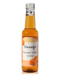 Caramel toffee syrup, 250 ml bottle, for coffee enrichment, amber-colored liquid, sweet caramel flavor.