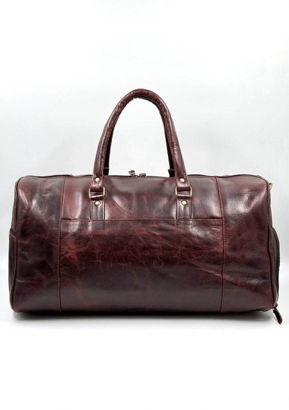 Handmade Moroccan Leather Travel Bag – Artisan 6-Pocket "Burgundy Wine" Duffle with Dedicated Shoe Compartment