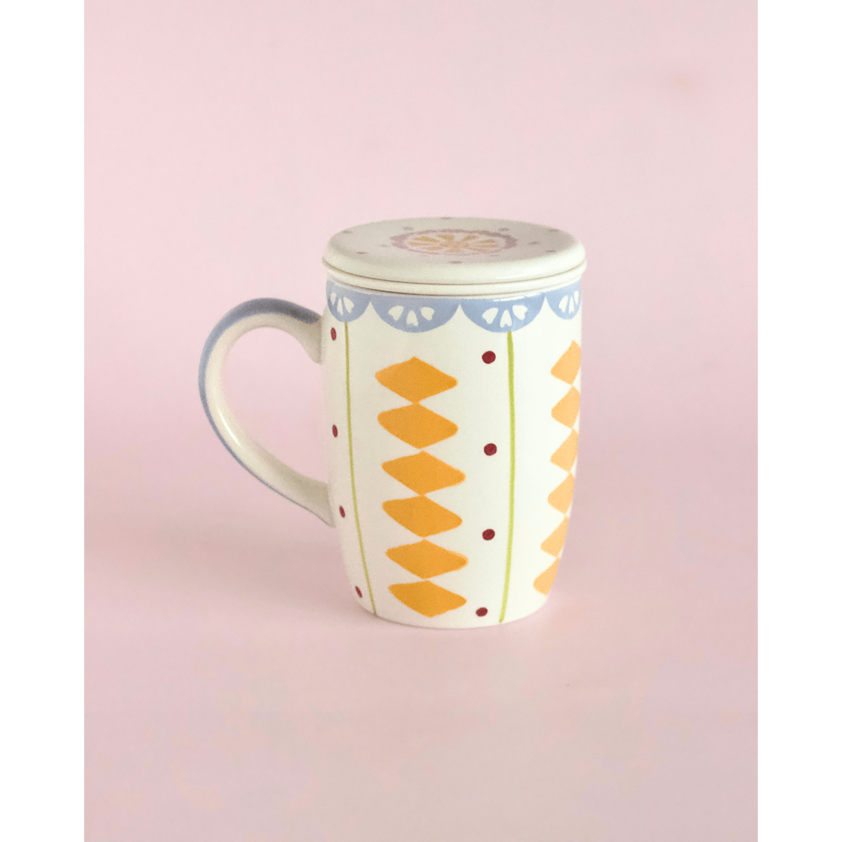 Tasse en céramique peinte à la main avec infuseur et couvercle - Motif floral, 385 ml
