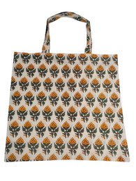 Blockprinted tote bag with repeating fox head pattern, beige canvas, large capacity shopping bag.