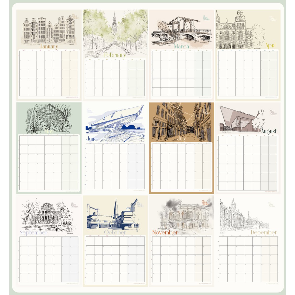 2027 Kalender Amsterdam Ikoner - A3 - Månedskalender, Vægkalender