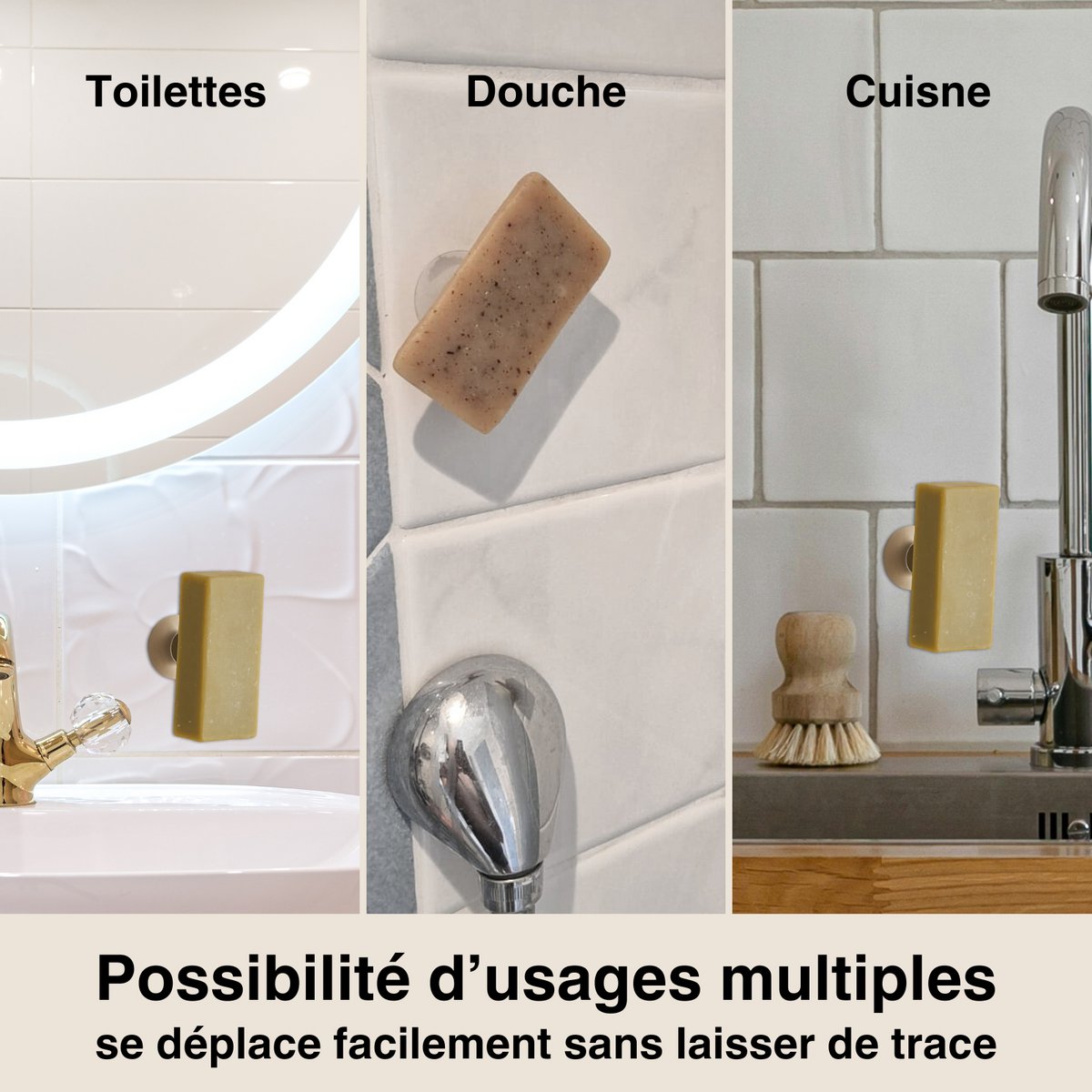 Magnetic Soft-free gap without drilling-hygienic & design-Bathroom wall fixation, kitchen, shower-dry soap-made in France