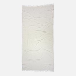 Cream white faded wave pattern hammam towel, lightweight cotton blend, textured fringe edges.
