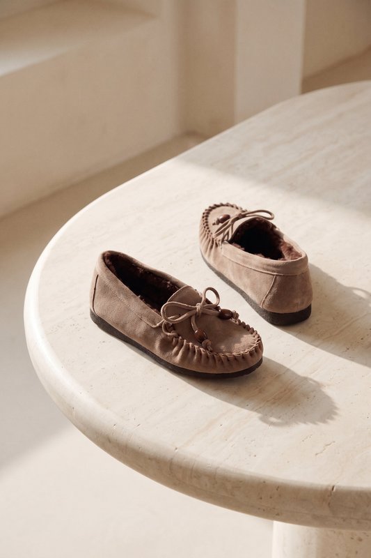 BINITA BEADS TAUPE – Suède ballerina's van harskralen met voering van imitatiebont