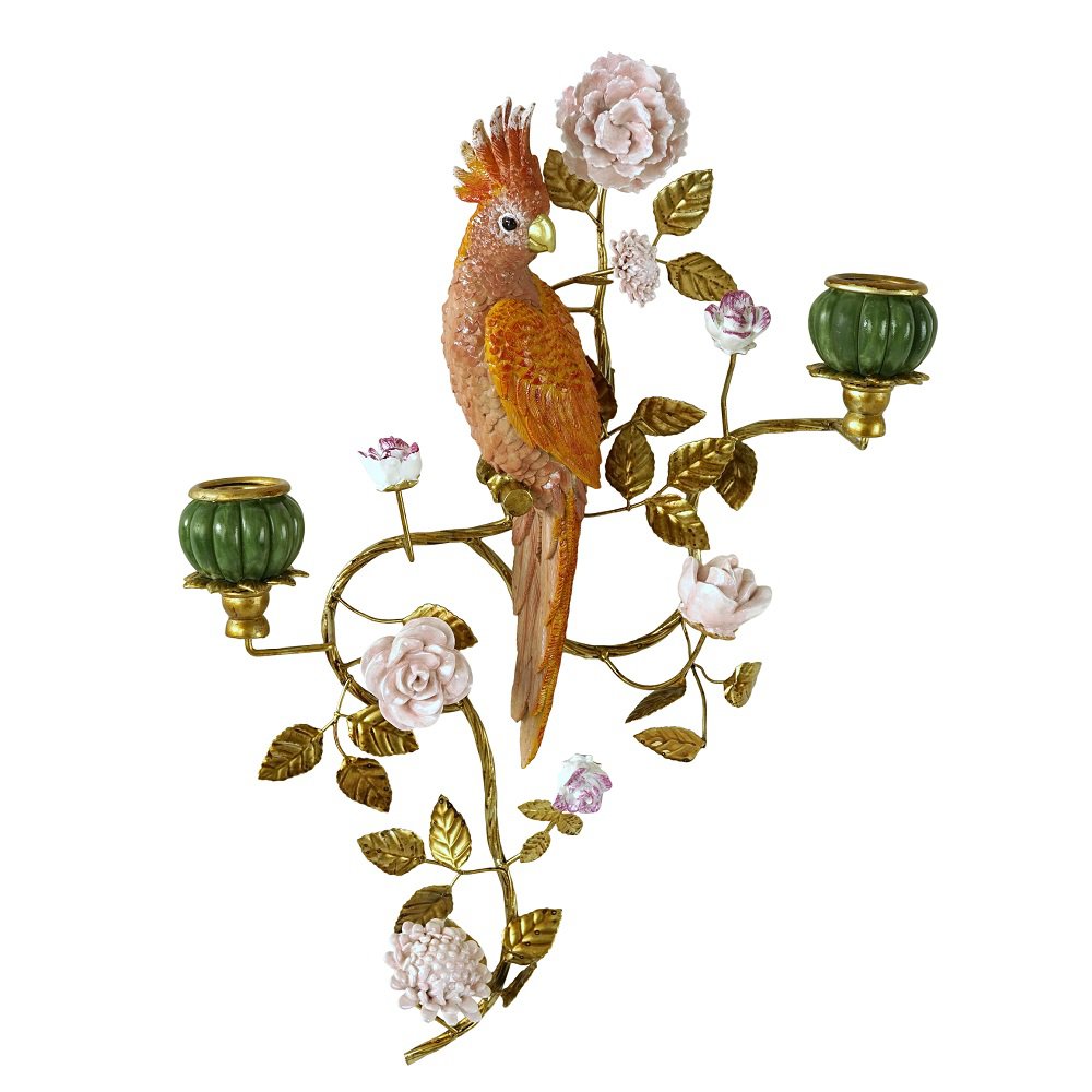 Aplique de pared loro, naranja/dorado, poliéster/metal, 39,5x12x59 cm