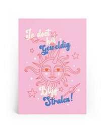A vibrant, pink-colored A4 print featuring a whimsical sun illustration with the text "So doll, so gewaldig, so strahlen!" which translates to "So cute, so mighty, so radiant!"