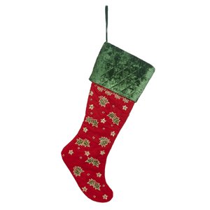 FABR.EMBR.HOLLY/BERRY STOCKING RD/GRN 62CM INTODS