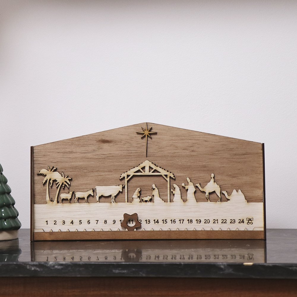 Design Advent Calendar Nativity Scene – four-layer Natural Wood with Star of Bethlehem | Atmospheric Christmas decoration
