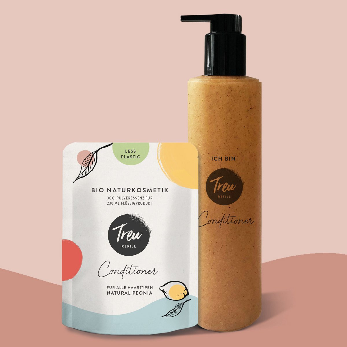 Biologische natuurlijke cosmetica-conditioner in poedervorm met een navulfles van vloeibaar hout